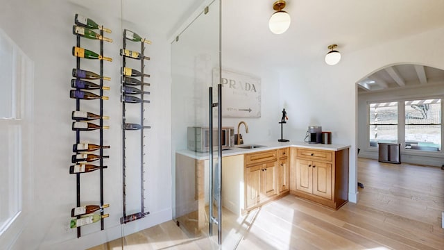 wine cellar with sink and light hardwood / wood-style flooring