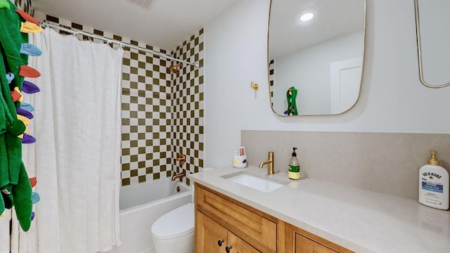 full bathroom with vanity, toilet, and shower / bath combo with shower curtain