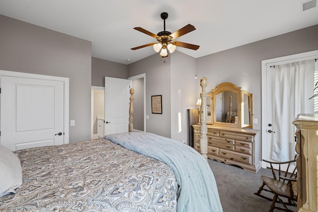 carpeted bedroom with ceiling fan