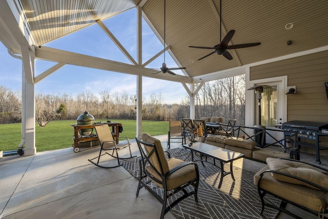 view of patio / terrace featuring area for grilling, a gazebo, an outdoor hangout area, and ceiling fan