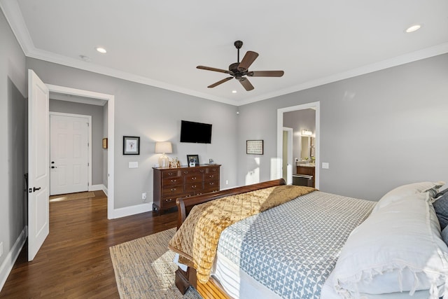 bedroom with crown molding, ceiling fan, and dark hardwood / wood-style flooring