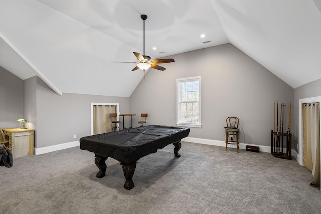 playroom with pool table, vaulted ceiling, ceiling fan, and carpet