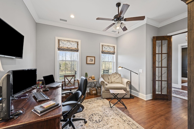 office area featuring crown molding, hardwood / wood-style floors, and ceiling fan