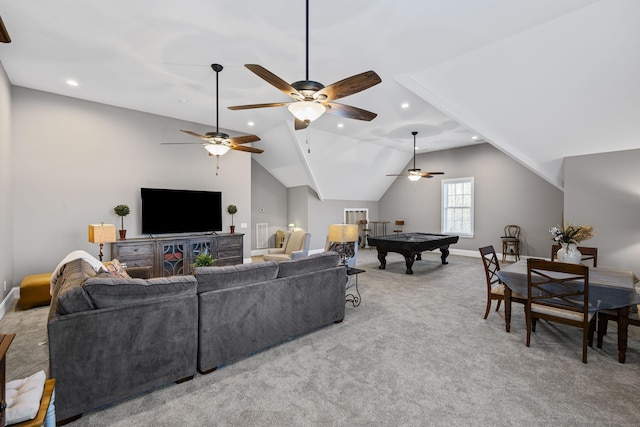 living room featuring light carpet, lofted ceiling, and billiards