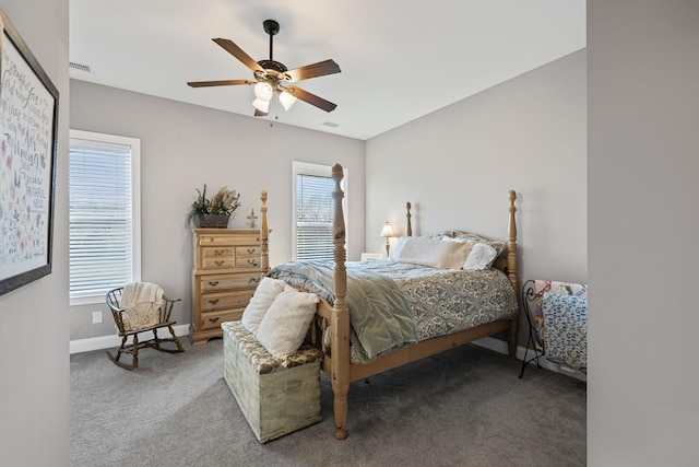 bedroom featuring ceiling fan and carpet