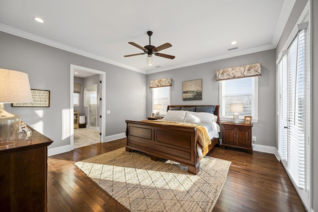 bedroom with multiple windows, ornamental molding, dark hardwood / wood-style floors, and ceiling fan