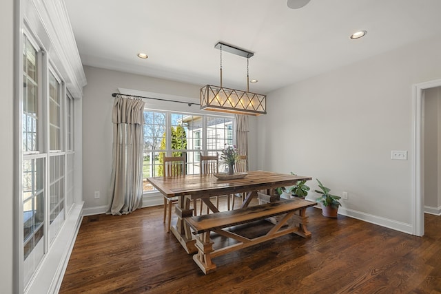 dining room featuring dark wood-style floors, recessed lighting, and baseboards