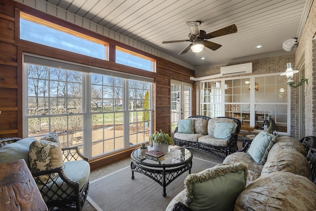 sunroom with wood ceiling, ceiling fan, and a wall mounted air conditioner