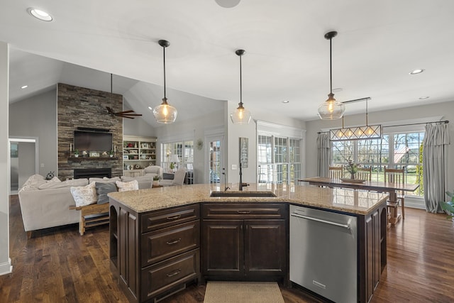 kitchen featuring a sink, dark wood-style floors, dark brown cabinets, and stainless steel dishwasher