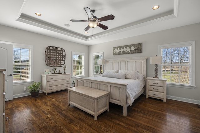 bedroom with multiple windows, a tray ceiling, and dark wood-style flooring