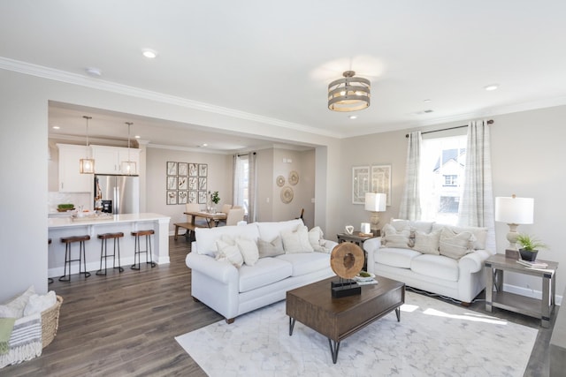 living room featuring ornamental molding and dark hardwood / wood-style flooring