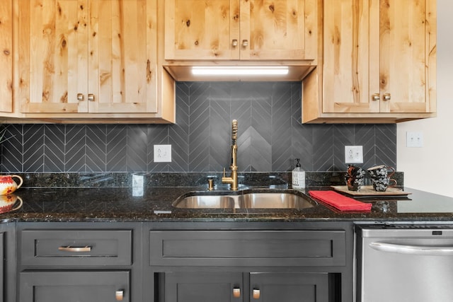 kitchen with dark stone counters, dishwasher, and sink