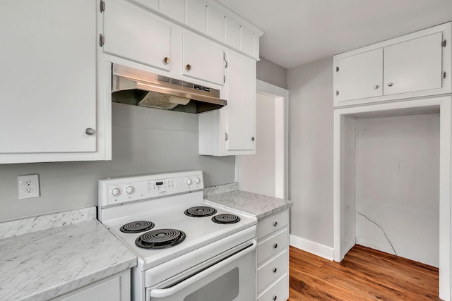 kitchen featuring white cabinetry, white electric stove, and light wood-type flooring