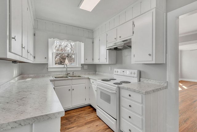 kitchen with white cabinetry, sink, white electric range, and light hardwood / wood-style floors