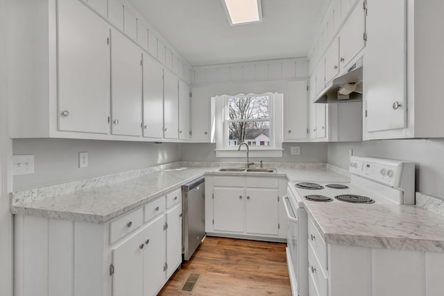 kitchen featuring white electric range, sink, dishwasher, light hardwood / wood-style floors, and white cabinets