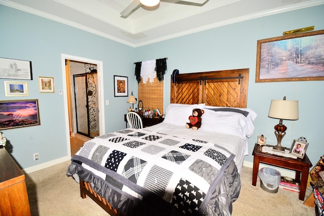 bedroom featuring light carpet, crown molding, a raised ceiling, and ceiling fan