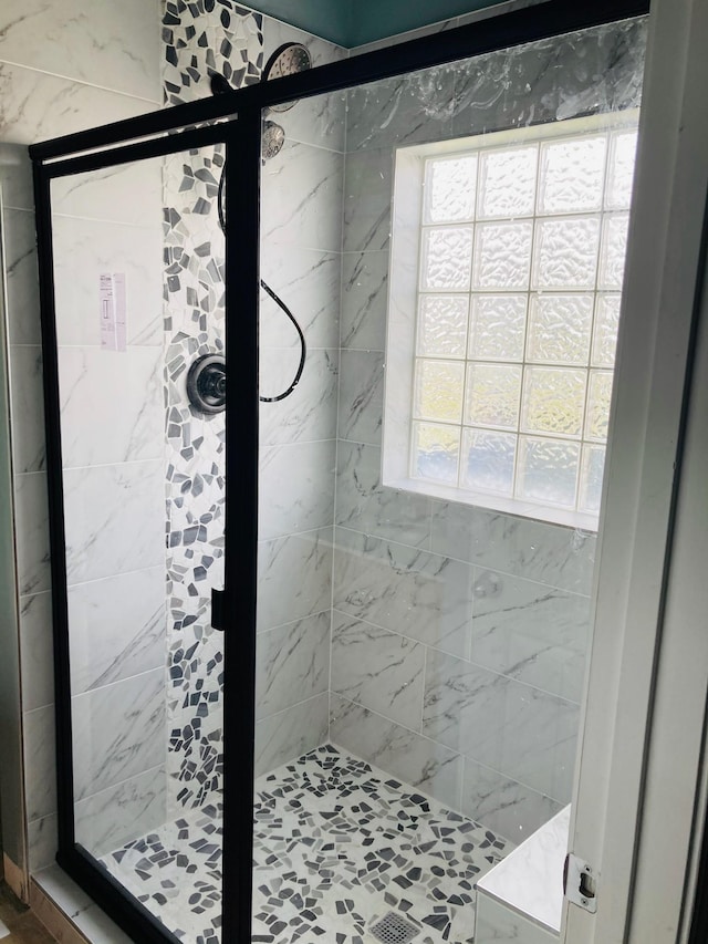 bathroom featuring a healthy amount of sunlight and a shower with door