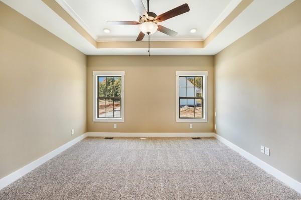 unfurnished room with a raised ceiling, ornamental molding, and light carpet