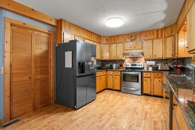 kitchen featuring tasteful backsplash, sink, stainless steel appliances, a textured ceiling, and light hardwood / wood-style flooring