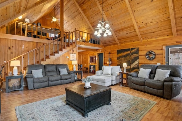 living room featuring wood ceiling, hardwood / wood-style flooring, lofted ceiling with beams, and wood walls