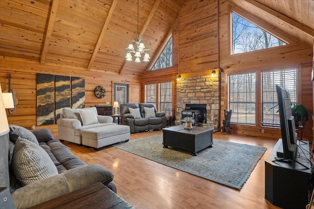 living room with hardwood / wood-style flooring, a wood stove, wooden ceiling, and wooden walls