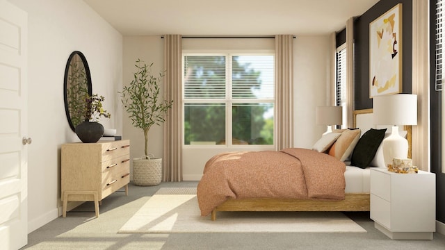 bedroom featuring light colored carpet