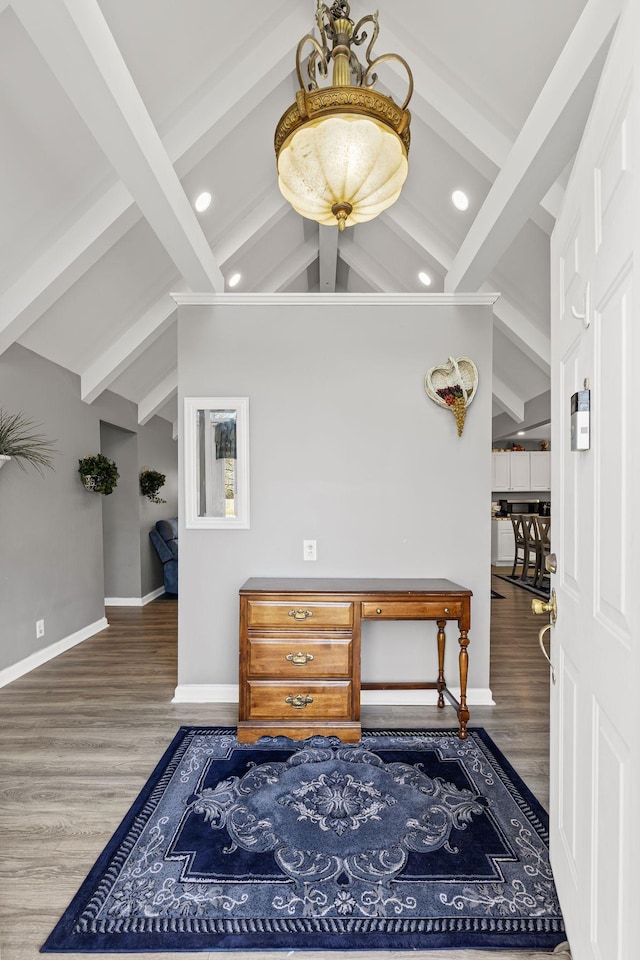 corridor featuring vaulted ceiling with beams and wood-type flooring