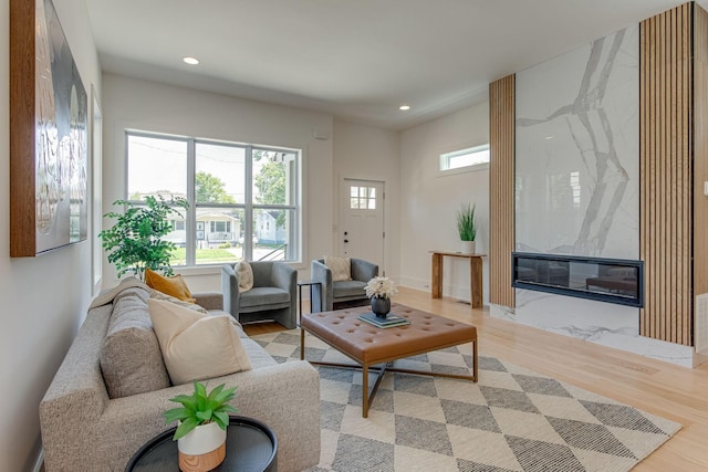 living room featuring a healthy amount of sunlight, a high end fireplace, and light hardwood / wood-style flooring