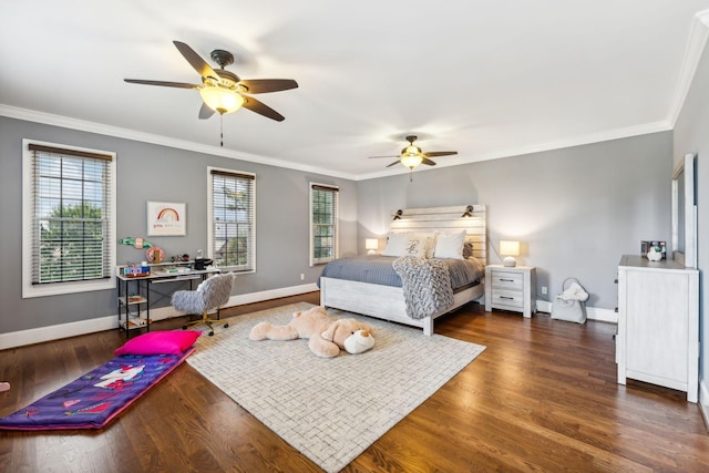 bedroom featuring crown molding, ceiling fan, and dark hardwood / wood-style floors