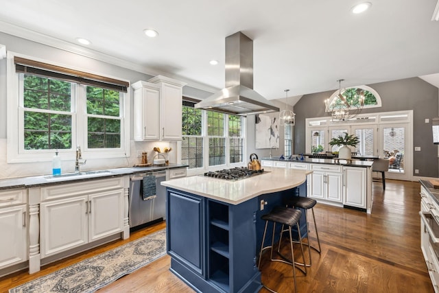 kitchen with stainless steel appliances, a center island, sink, and island range hood