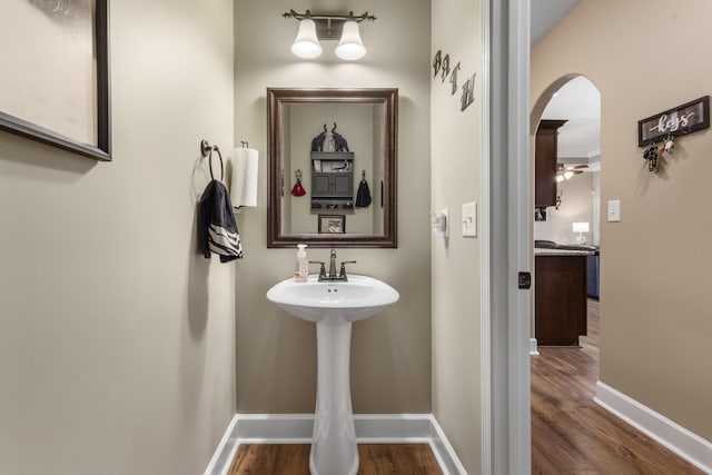 bathroom with hardwood / wood-style floors