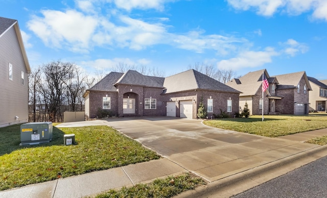 french country inspired facade featuring a garage and a front yard