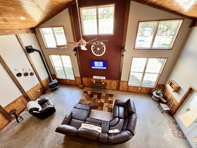 living room featuring carpet floors, wooden walls, high vaulted ceiling, and wooden ceiling