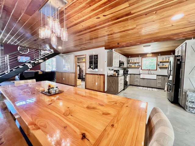 dining area with sink and wooden ceiling