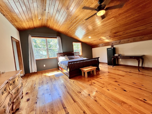 bedroom with lofted ceiling, wooden ceiling, and light hardwood / wood-style floors