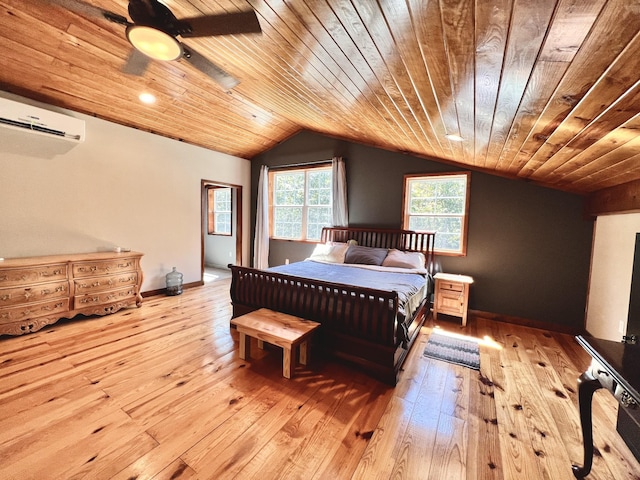 bedroom with vaulted ceiling, light hardwood / wood-style floors, a wall unit AC, and wooden ceiling