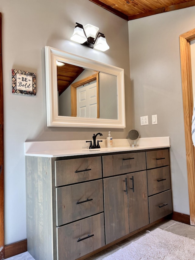 bathroom with vanity, wood ceiling, and tile patterned flooring