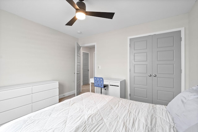 bedroom with carpet, ceiling fan, and a closet