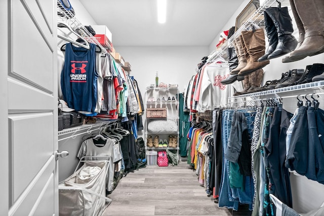 walk in closet with hardwood / wood-style floors