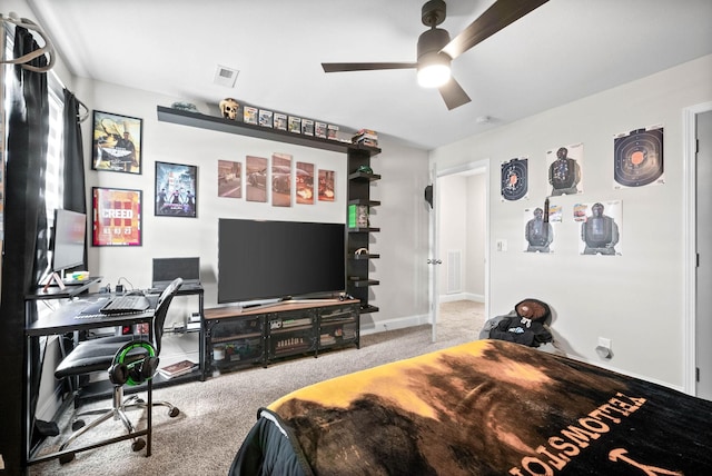 bedroom featuring ceiling fan and carpet flooring