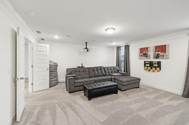 carpeted living room featuring crown molding