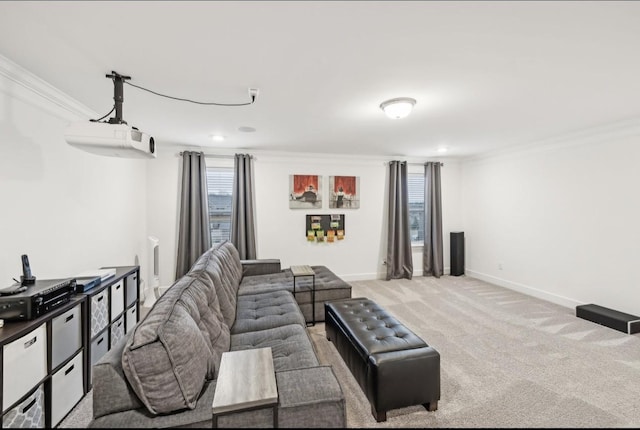 living room featuring crown molding and light colored carpet