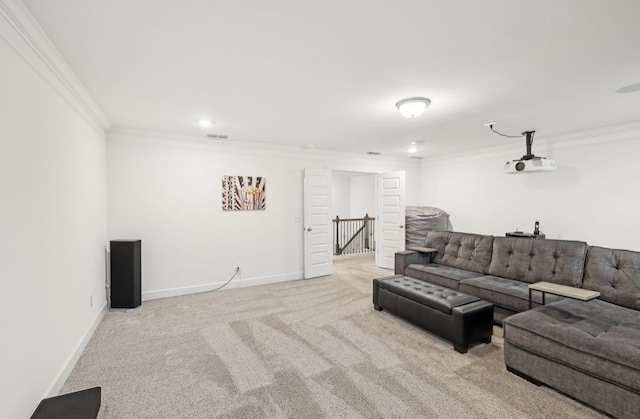 carpeted living room featuring ornamental molding