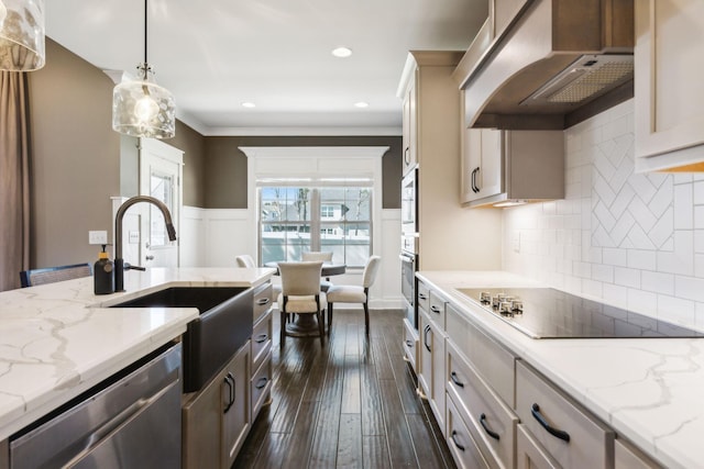 kitchen featuring appliances with stainless steel finishes, ventilation hood, sink, hanging light fixtures, and light stone countertops