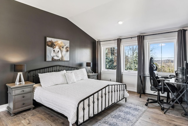 bedroom featuring hardwood / wood-style flooring and vaulted ceiling