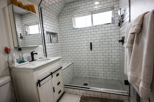 bathroom featuring vanity, toilet, and a shower with shower door