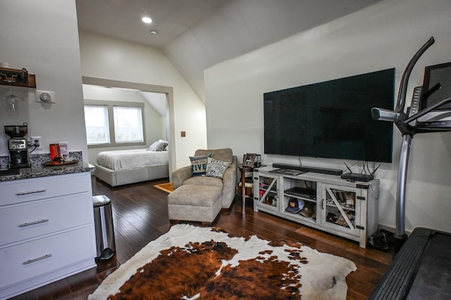 living room with dark hardwood / wood-style flooring and vaulted ceiling