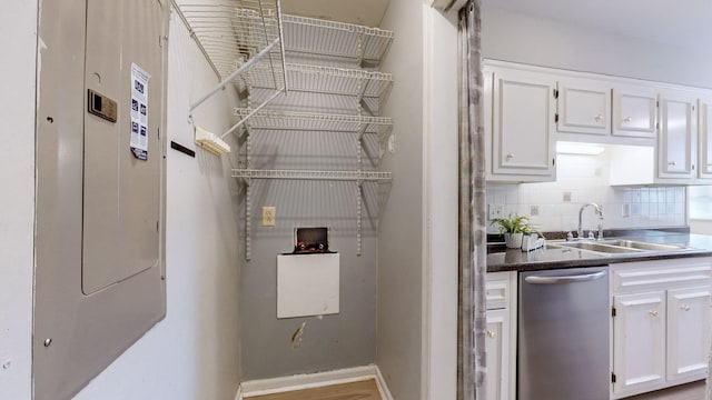 kitchen with sink, white cabinetry, stainless steel dishwasher, electric panel, and backsplash