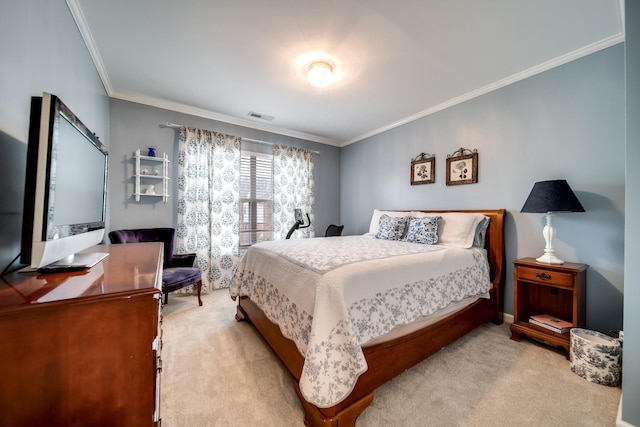 carpeted bedroom featuring crown molding