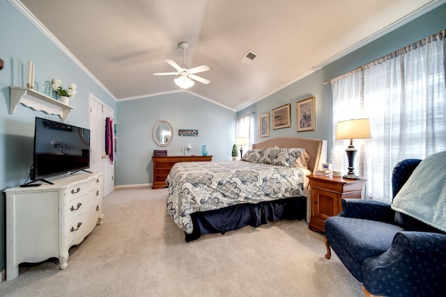 bedroom with crown molding, ceiling fan, vaulted ceiling, and light carpet